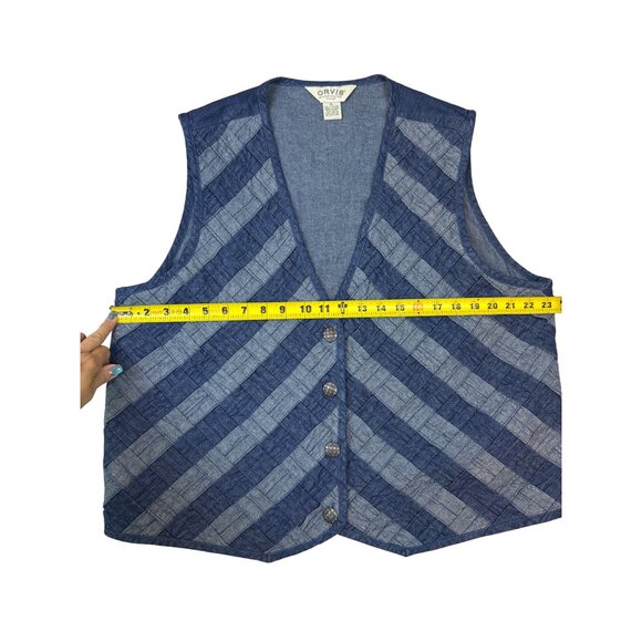 VTG Orvis Two-Toned Blue Quilted Patchwork Striped Denim Vest Button Closure XL - Picture 4 of 7
